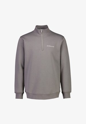 Grå pullover sweatshirt med høj krave, halv lynlås foran, ribbede manchetter og et lille logo på brystet. Glat stoftekstur.