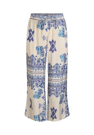 Vaļīgas krēmkrāsas bikses ar zilām ziedu un paisley rakstu dizainām, elastīgu jostu un auklu aizdari.