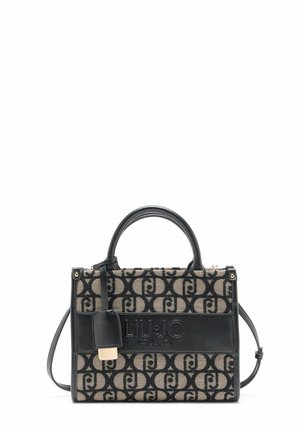 Liu Jo handbag featuring a rectangular shape, beige fabric with black logo pattern, black leather accents, dual handles, and a detachable strap.