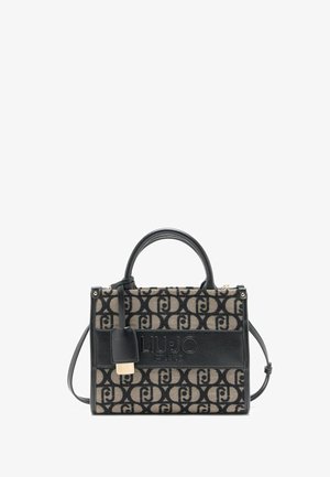 Borsa Liu Jo con forma rettangolare, tessuto beige con motivo a logo nero, dettagli in pelle nera, doppi manici e tracolla removibile.