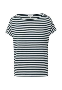 Korte mouwen, losvallend T-shirt in marineblauw met witte horizontale strepen. Zacht materiaal met een ruime halslijn en een casual silhouet.