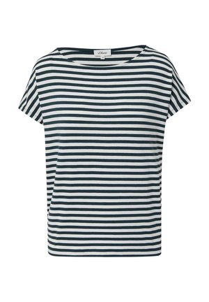 T-shirt à manches courtes, coupe décontractée, aux rayures horizontales bleues marines et blanches. Tissu doux avec un col large et une silhouette décontractée.
