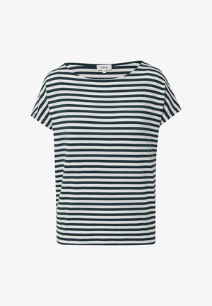 Kurzärmliges, locker sitzendes T-Shirt in Marineblau mit weißen Querstreifen. Weicher Stoff mit weiter Ausschnittform und lässiger Silhouette.