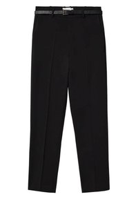 Pantalon formel noir avec ceinture en cuir noir et boucle argentée, coupe ajustée, pli avant et poches latérales.