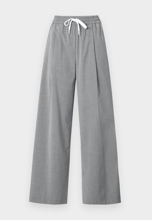 Gray wide-leg trousers made of lightweight fabric with a pleated front and an elastic waistband featuring a white drawstring.