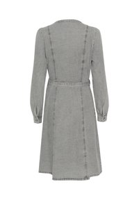 Grey denim dress with long sleeves, side seams, a belted waist, and a flared skirt. Features a pointed collar and buttoned cuffs.