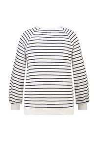 Witte sweatshirt met marineblauwe horizontale strepen, raglanmouwen en geribbelde manchetten. Zacht, glad oppervlak met een ontspannen pasvorm.