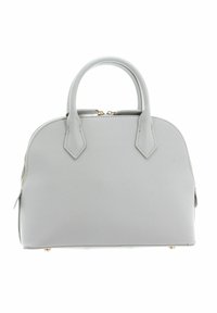 Gray faux leather handbag with rounded top, dual handles, gold-tone hardware, and side zippers. Textured surface with subtle diagonal pattern.