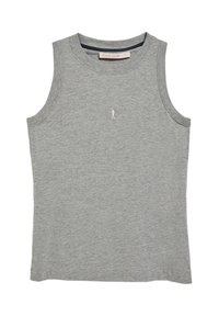 Graues ärmelloses Shirt aus weichem Baumwollmaterial mit Rundhalsausschnitt und kleinem gesticktem Logo auf der Brust. Glatte Textur und lässiges Design.