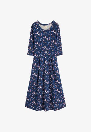 Rochie de lungime midi, de culoare bleumarin, cu un model floral în nuanțe de roz și violet, cu mâneci trei sferturi, decolteu rotund și fustă plisată.