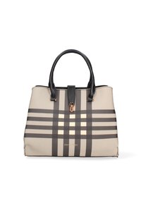 Borsa tote beige con motivo a strisce nere e crema, manico nero, dettagli dorati e chiusura a scatto superiore. Presenta testo con marchio nella parte anteriore.