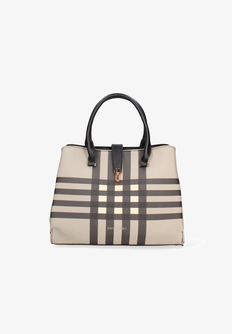 Borsa tote beige con motivo a strisce nere e crema, manico nero, dettagli dorati e chiusura a scatto superiore. Presenta testo con marchio nella parte anteriore.