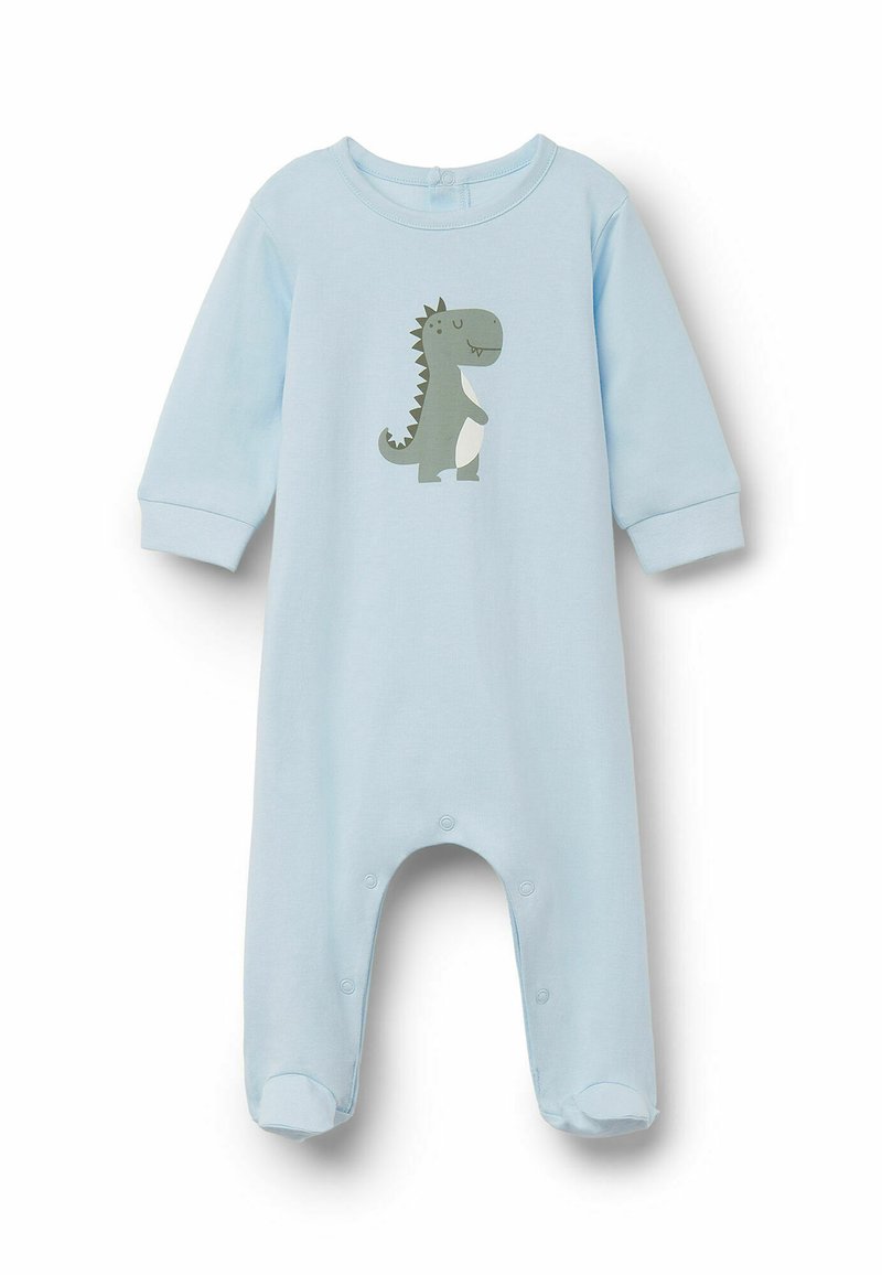 Světle modrý kojenecký overálek s grafikou dinosaura v zelené a bílé barvě. Vyroben z měkké látky s dlouhými rukávy a patentkami na spodní části.