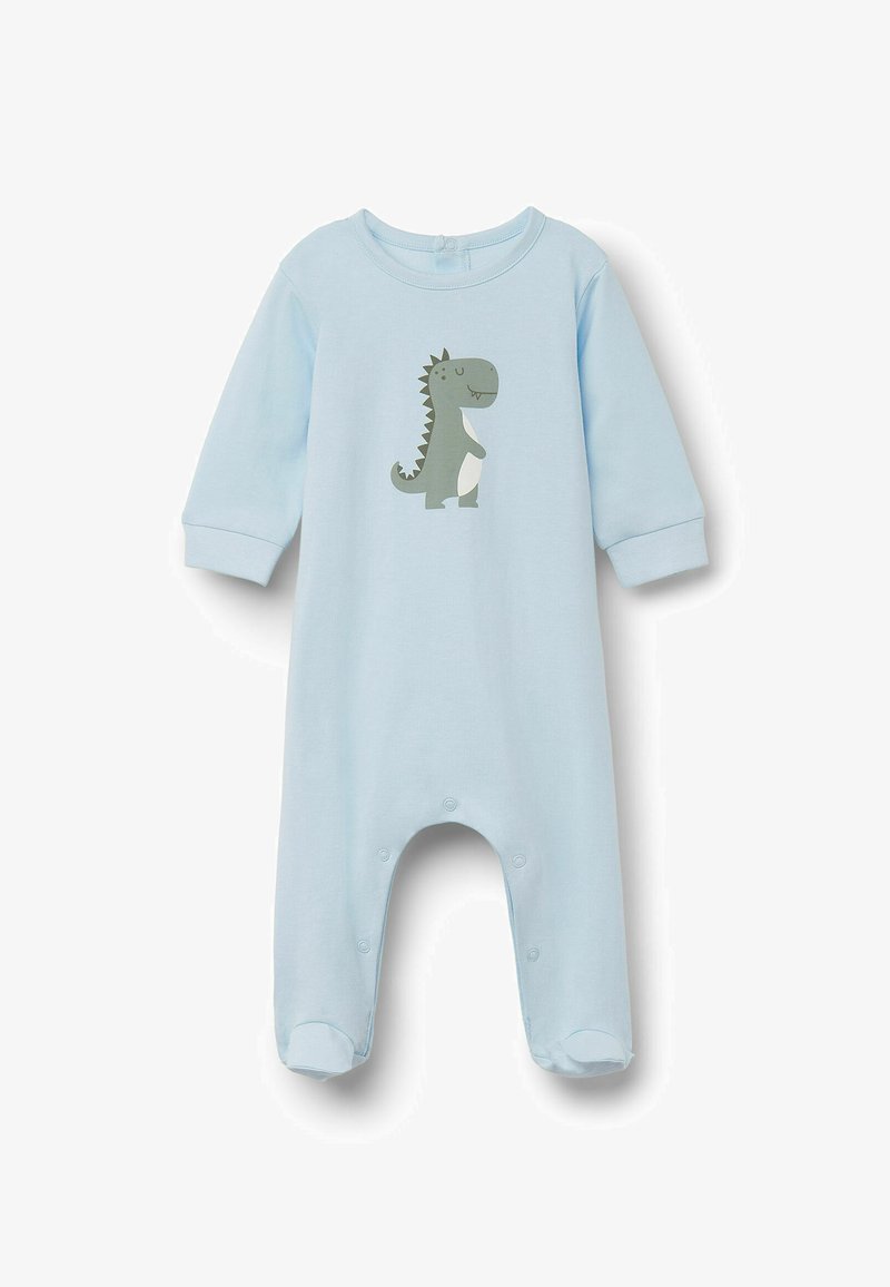 Světle modrý kojenecký overálek s grafikou dinosaura v zelené a bílé barvě. Vyroben z měkké látky s dlouhými rukávy a patentkami na spodní části.