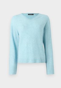 Svetlomodri pulover z V-izrezom, izdelan iz mehke, teksturirane pletene tkanine. Ima dolge rokave ter rebraste manšete in robove. Preprost, brez okraskov.