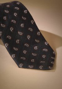 Schwarze Fischgrätkrawatte mit weißen und braunen Paisleymustern. Sanfte Textur mit spitzem Ende, geeignet für formelle Kleidung.