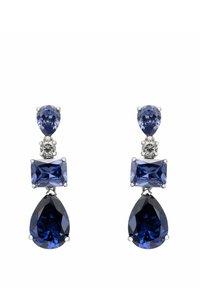 Gli orecchini a goccia in pietra blu presentano un top a forma di pera, una pietra rotonda e una pietra rettangolare, tutte impostate in metallo argentato.