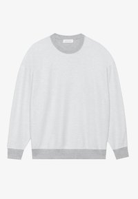 Felpa grigia e bianca con collo rotondo, maniche lunghe, polsini a costine e un tessuto testurizzato. Design minimalista, senza loghi visibili.