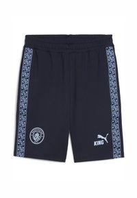 Marineblå sports shorts med elastisk talje, lyseblå mønstrede sidepaneler, Manchester City-logo og Puma-branding.
