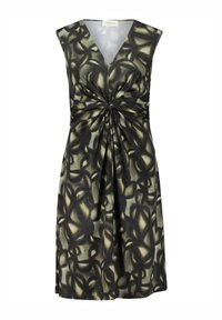 Schwarz und grün gemustertes Kleid mit V-Ausschnitt, ärmellosem Design, Drehdetail an der Taille und A-Linien-Silhouette. Glatte Stoffoberfläche.