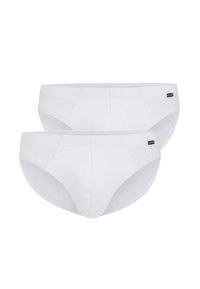 White cotton briefs, soft texture, seamless design, elastic waistband, featuring a small logo accent on the side. Pack of two.