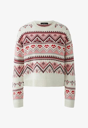 Cream knit sweater with red, pink, and burgundy geometric and floral patterns across the chest, sleeves, and hem, featuring a round neckline.