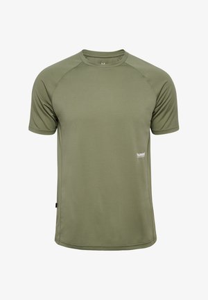 Olivengrøn kortærmet sportsskjorte med ribbet tekstur, raglanærmer og et lille hvidt logo i siden.