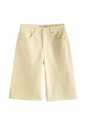Hellgelbe Denim-Bermuda-Shorts mit vorderer Knopfleiste, Reißverschluss, Gürtelschlaufen und Fünf-Taschen-Design.