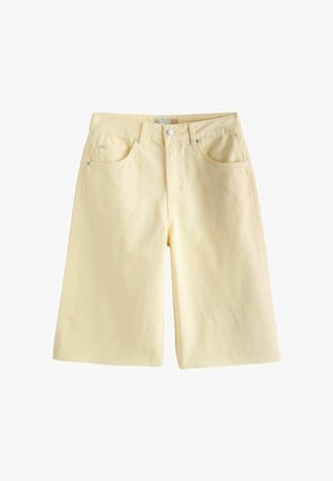 Pantaloni scurți bermude din denim galben deschis, cu nasture frontal, închidere cu fermoar, bretele pentru curea și design cu cinci buzunare.