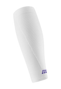 White compression sleeve with ribbed texture, tapered design, and purple logo detail at the bottom. Suitable for sports or recovery use.