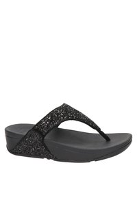 Svarte flip-flops med teksturerte, glitrende stropper og en solid, flat såle. Sålen har en lett kilesåle for ekstra høyde.
