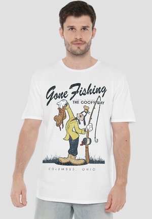 White cotton t-shirt featuring a colorful graphic of a cartoon character fishing, with "Gone Fishing" text and "Columbus, Ohio" at the bottom.