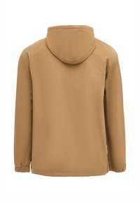 Brown hooded jacket with a smooth texture, elasticized cuffs, and a relaxed fit. Features a simple design with no visible hardware.