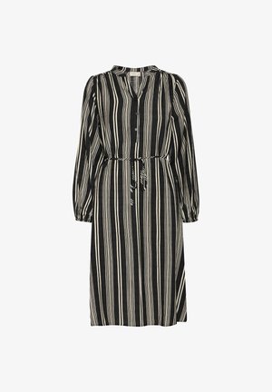Černé a krémové pruhované šaty s knoflíkovým zapínáním vpředu, mandarínovým límcem a páskem v oblasti pasu. Dlouhé krátké rukávy s elastickými manžetami.