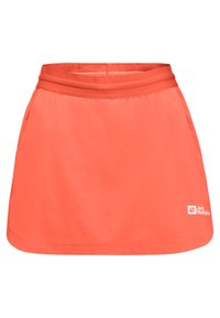 Koraalrok met een gladde textuur, een elastische tailleband, zijzakken en een Jack Wolfskin-logo in het wit op de onderste rechterzoom.