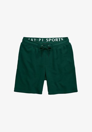 Grüne Baumwoll-Sportshorts mit einem elastischen Taillenbund, der den Text "PLAY-P SPORTS" zeigt, sowie einem Kordelzug zur Anpassung. Flaches Frontdesign.