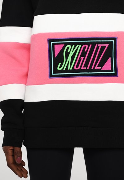 Hanorac colorat cu dungi negre, albe și roz. Are un logo brodat multicolor "SKIGLITZ" pe un patch negru. Material moale, manșete ribbed.