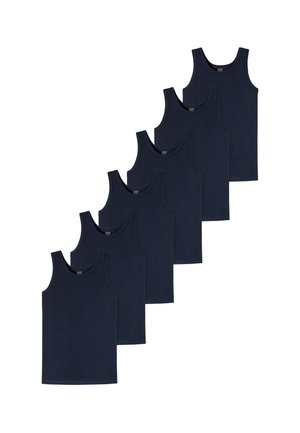 Sex navyblå bomullstanktops arrangerade i ett förskjutet mönster, med rund halsringning och ärmlös design.