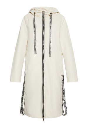 Giacca bianca lunga con cappuccio, chiusura con zip, tasche laterali e cordoncini regolabili con testo "LOVE". Materiale sintetico liscio.