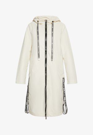 Fehér, hosszú kabát kapuccsal, cipzáros elülső rész, oldalsó zsebek és állítható húzózsinórok "LOVE" felirattal. Simító szintetikus anyag.