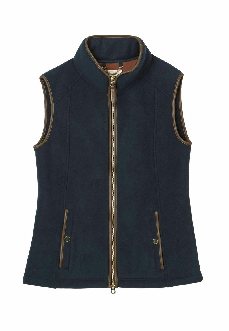 Bezrukávový fleecový vest v námorníckej modrej farbe s vysokým golierom, zlatým zipsom a dvomi bočnými vreckami s bronzovými akcentami. Hladká textúra, minimálny dizajn.