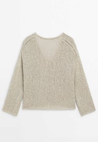 Beige knitted sweater with long sleeves, open weave texture, and a scoop back design. Features a relaxed fit and ribbed hem.