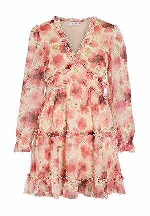 Kwiatowa sukienka z szyfonu w kolorze różowym i beżowym, z długimi rękawami, falbanką, dekoltem w serek i wielowarstwową spódnicą.