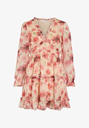 Cvetlična roza in bež obleka iz šifona z dolgimi rokavi, nagubanim robom, V-izrezom in večplastno krilom.