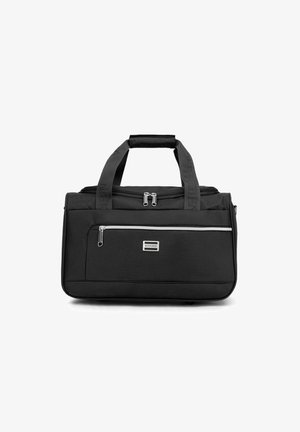 Schwarze rechteckige Reisetasche aus strukturiertem Stoff. Besitzt zwei Tragetaschen, eine vordere Reißverschlusstasche und ein silbernes Logo-Element auf der Vorderseite.