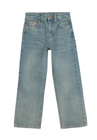 Jeans de mezclilla en azul claro con un diseño de pierna ancha, cinco bolsillos, cierre de botón y cremallera, y un lavado desgastado con sutiles detalles de desgaste.