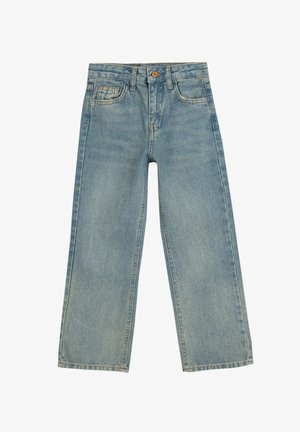 Jeans de mezclilla en azul claro con un diseño de pierna ancha, cinco bolsillos, cierre de botón y cremallera, y un lavado desgastado con sutiles detalles de desgaste.