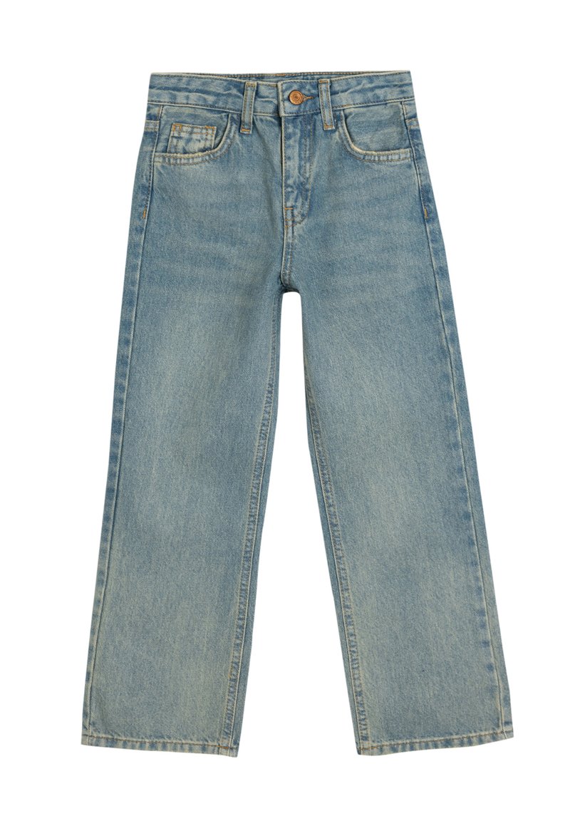 Jeans de mezclilla en azul claro con un diseño de pierna ancha, cinco bolsillos, cierre de botón y cremallera, y un lavado desgastado con sutiles detalles de desgaste.