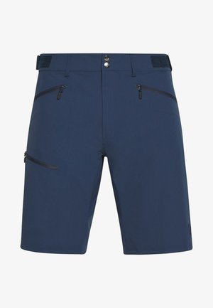 Marineblauwe shorts van lichtgewicht stof, met twee ritszakken aan de voorkant, één ritszak op de dij en een gemarmerde tailleband.