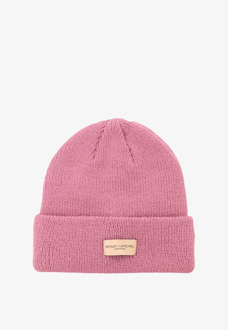 Pink knitted beanie with a folded cuff and a leather tag displaying "BICKLEY + MITCHELL AMSTERDAM." Soft texture and close-knit design.